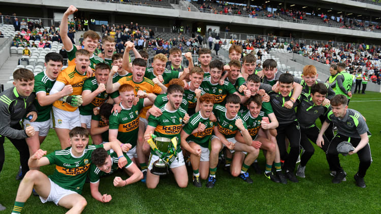 The Kerry team celebrate with the cup after their Electric Ireland Munster GAA Football Minor Championship Final victory over Cork.