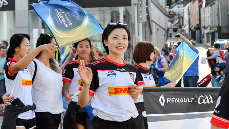 The Asia Cranes team parade at the Renault GAA World Games Opening Ceremony at Theatre Royal & Waterside Car Park in Waterford.