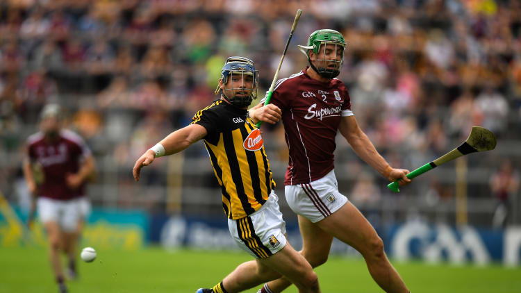 Ger Aylward of Kilkenny in action against Adrian Tuohey of Galway during the 2018 Leinster GAA Hurling Senior Championship Final Replay match between Kilkenny and Galway at Semple Stadium in Thurles.