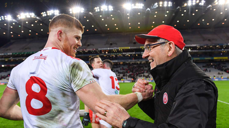 Tyrone manager Mickey Harte celebrates with Cathal McShane following the Allianz Football League Division 1 Round 6 match between Dublin and Tyrone at Croke Park in Dublin.
