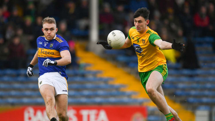 Kevin Fahey, Tipperary, and Michael Langan, Donegal, during the Allianz Football League Division Two clash at Semple Stadium.