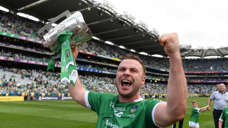 Richie McCarthy celebrates with the Liam MacCarthy Cup at Croke Park on Sunday.