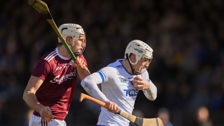 Shane Bennett, Waterford, and Gearoid McInerney, Galway, during the Allianz Hurling League Division 1B encounter at Walsh Park.