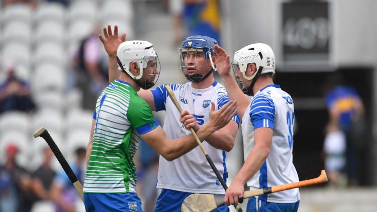 Shaun O'Brien, Conor Prunty, and Shane Bennett celebrate following Waterford's win over Tipperary.