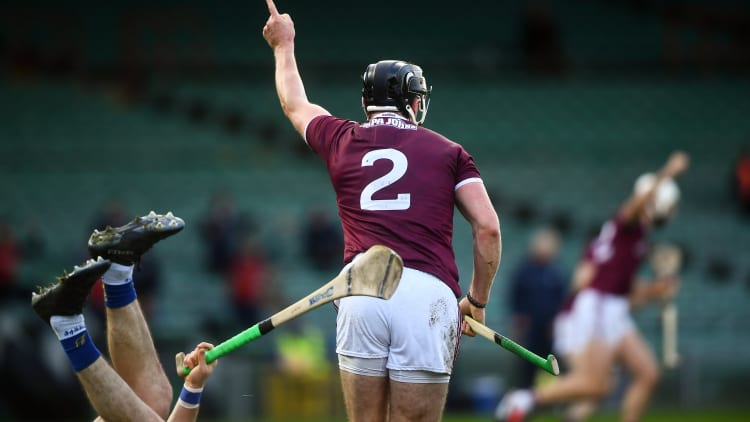 Aidan Harte of Galway celebrates after scoring his side's third goal during the GAA Hurling All-Ireland Senior Championship Quarter-Final match between Galway and Tipperary at LIT Gaelic Grounds in Limerick. 
