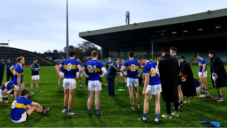 Tipperary manager David Power talks to his panel following the dramatic Munster SFC semi-final win over Limerick at the LIT Gaelic Grounds.