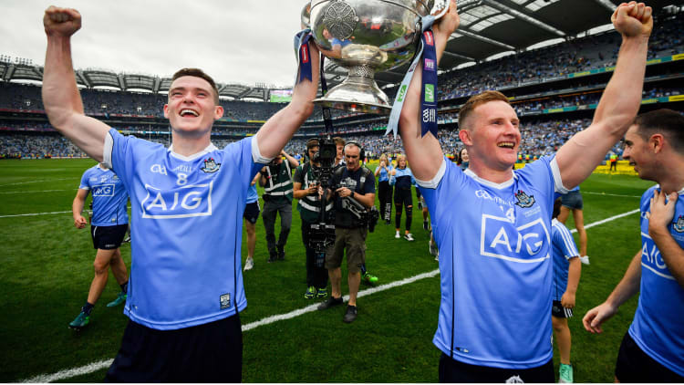 Brian Fenton and Ciaran Kilkenny pictured with the Sam Maguire Cup following Dublin's All Ireland success.