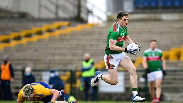 The impressive Paddy Durcan bursts forward for Mayo at Dr Hyde Park.