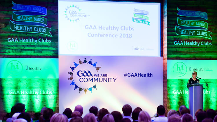 Brid McGoldrick, National Health & Wellbeing Committee Chairperson, addresses attendees during the 2018 GAA National Healthy Club Conference at Croke Park Stadium, in Dublin.