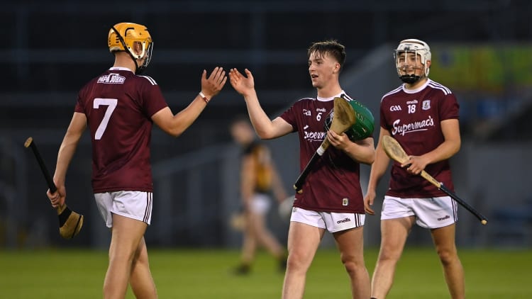 Nathan Gill, Diarmuid Davoren and Conor Headd celebrate at Semple Stadium following Galway's win over Kilkenny.