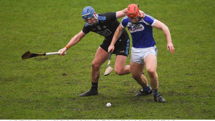 John Hetherton, Dublin, and Matthew Whelan, Laois, during the Allianz Hurling League Division 1B game at Parnell Park.