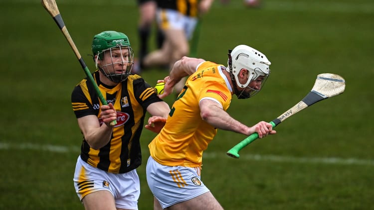 Paddy Burke, Antrim, and Martin Keoghan, Kilkenny, in Allianz Hurling League action at Corrigan Park. Photo by Ramsey Cardy/Sportsfile