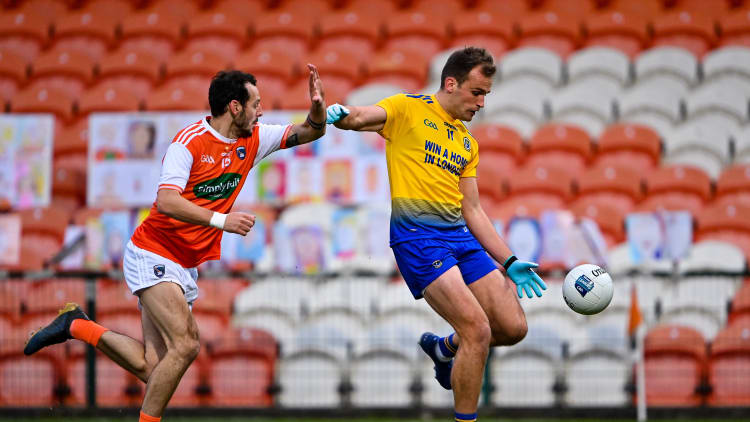 Enda Smith of Roscommon in action against Jamie Clarke of Armagh during the Allianz Football League Division 2 Round 6 match between Armagh and Roscommon at the Athletic Grounds in Armagh.