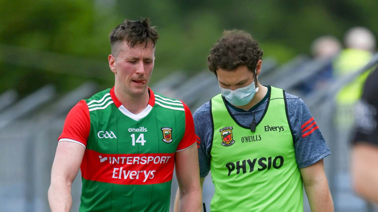 Cillian O'Connor of Mayo leaves the pitch with an injury during the Allianz Football League Division 2 semi-final match between Clare and Mayo at Cusack Park in Ennis, Clare.