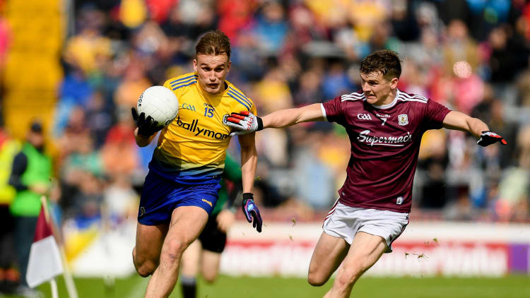Enda Smith, Roscommon, and John Daly, Galway, during the 2019 Connacht SFC Final at Pearse Stadium.