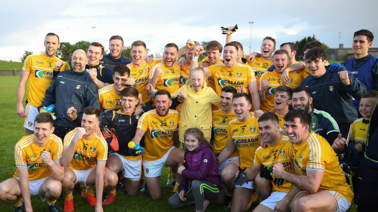 Antrim players celebrate victory after victory over Louth in Round 1 of the All-Ireland SFC Qualifiers.