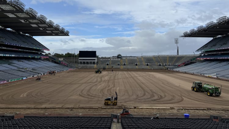The old turf has been stripped from the Croke Park pitch and the surface is being prepared for the new turf.