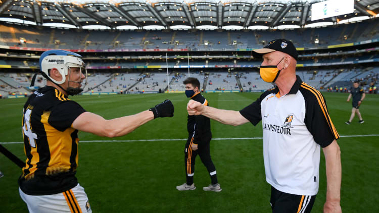 Kilkenny manager Brian Cody and TJ Reid celebrate following the Leinster GAA Senior Hurling Championship Final match between Dublin and Kilkenny at Croke Park in Dublin.