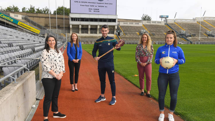 Simon McCroy of Antrim, centre, with from left, Maria Towey, Head of Operation for Member Support Text Line 50808, Maria Kinsella, Chairperson of the WGPA, Jennifer Rogers, GPA Player Welfare Manager, and Roisín Howard of Tipperary pictured at the launch of the GPA & WGPA Member Support Text Line at Croke Park in Dublin.