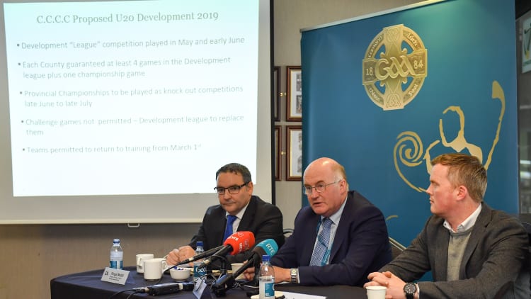 Uachtarán Chumann Lúthchleas Gael John Horan, centre, speaking alongside Fergal McGill, Director of Player, Club & Games Administration, left, and David Hassan, Chairman of the Standing Committee on Playing Rules, right, during an Experimental Football Rule Changes media briefing at Croke Park in Dublin.