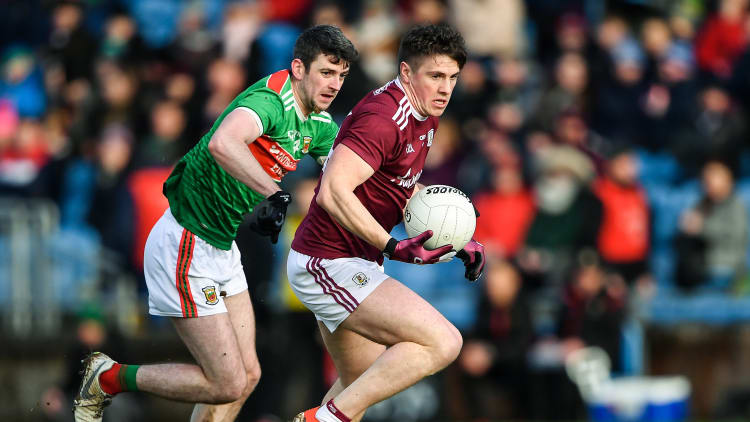 Galway captain Shane Walsh and Mayo's Brendan Harrison during the Connacht FBD League Semi-Final at Elverys MacHale Park.