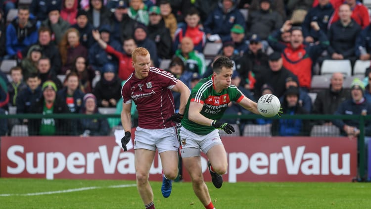 Declan Kyne and Cillian O Connor collide at Pearse Stadium.
