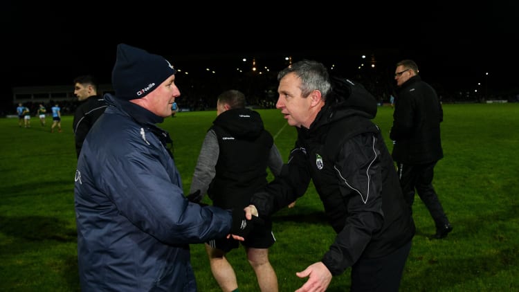 Jim Gavin and Peter Keane shake hands following a thrilling Allianz Football League encounter at Austin Stack Park in February.