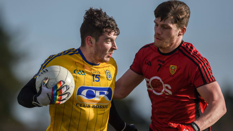 Cian McKeon, Roscommon, and Anthony Doherty, Down, in action at Dr Hyde Park.