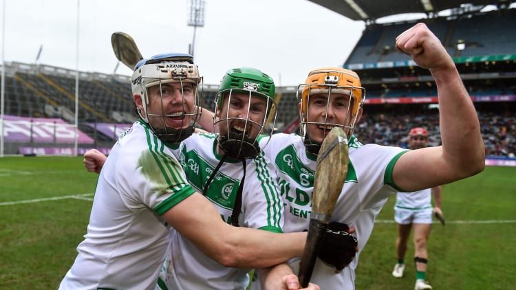 TJ Reid, Joey Holden, and Richie Reid celebrate after Ballyhale Shamrocks' AIB GAA Hurling All-Ireland Senior Club Championship Final win. Photo by Daire Brennan/Sportsfile