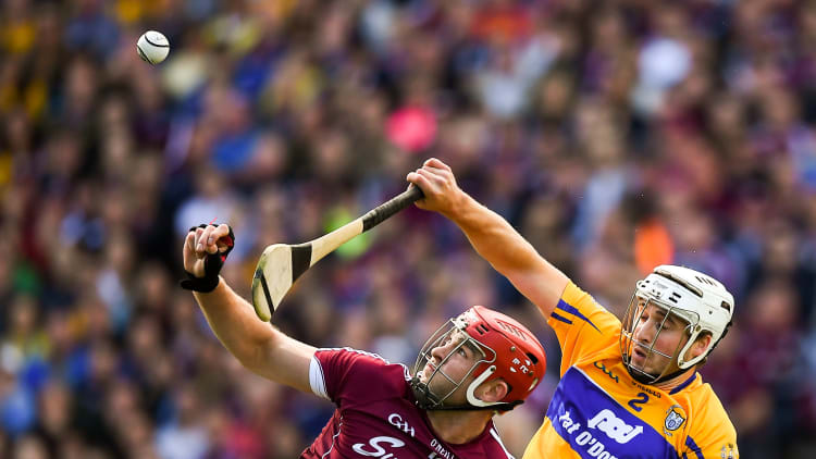 Clare's Patrick O'Connor challenges for the ball with Galway's Jonathan Glynn in last Saturday's All-Ireland SHC semi-final.