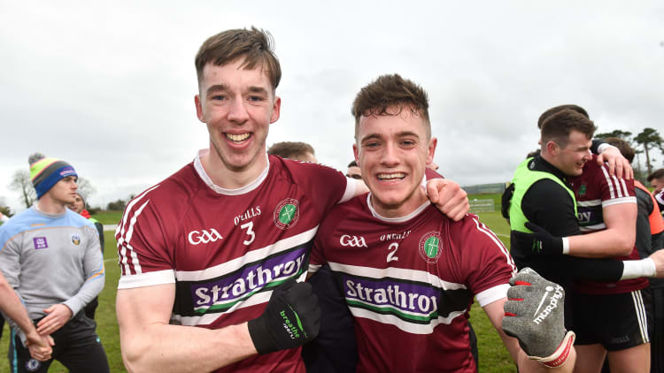 Caolan Dillon, left, and Liam Rafferty of St Mary's University celebrate after the Electric Ireland HE GAA Sigerson Cup Semi-Final match between St Mary's University and University College Dublin at Mallow GAA in Mallow, Cork.