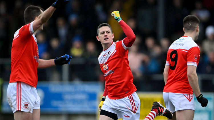 Emmett Kelly of Pádraig Pearses celebrates scoring a point during the AIB Connacht GAA Football Senior Club Championship Final match between Knockmore and Pádraig Pearses.
