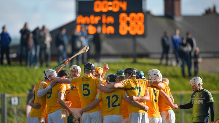 The Antrim team before their Allianz Hurling League Division 1B game against Dublin in February.