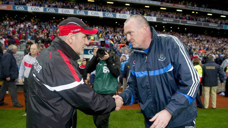 Mickey Harte agus Pat Gilroy i bPáirc an Chrócaigh i 2011.