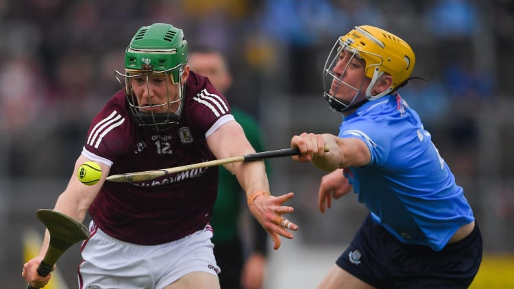 Cianan Fahy, Galway, and Daire Gray, Dublin, in Leinster Senior Hurling Championship action.