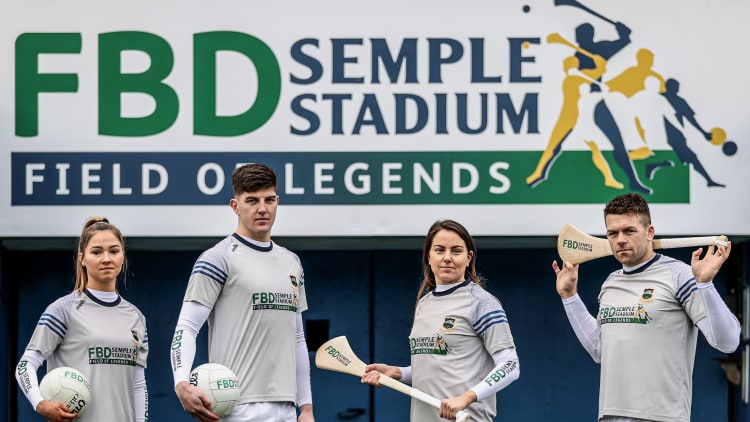 Left to right, Tipperary Ladies Footballer, Niamh Martin, Tipperary footballer, Steven O'Brien, Tipperary camogie player, Cáit Devane, and Tipperary hurler, Paudie Maher, at the announcement of FBD Insurance's title sponsorship of Semple Stadium.