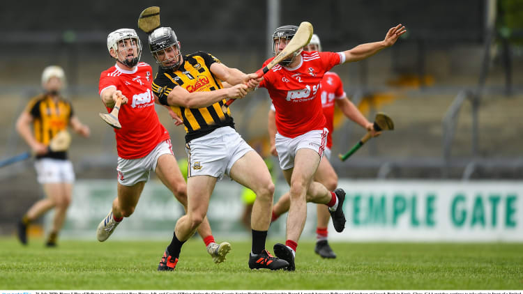 Pierse Lillis of Ballyea in action against Ross Hayes, left, and Gavin O'Brien during the Clare County Senior Hurling Championship Round 1 match between Ballyea and Crusheen at Cusack Park in Ennis, Clare.