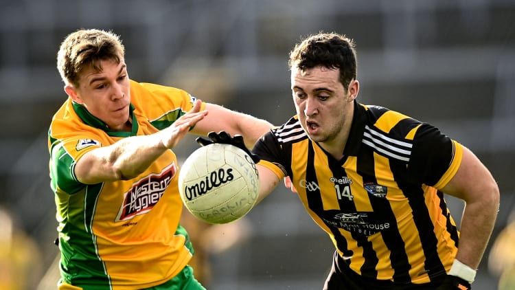 Eoin Finnerty, Mountbellew-Moylough, and Dylan McHugh, Corofin, during the Galway SFC Final at Pearse Stadium.