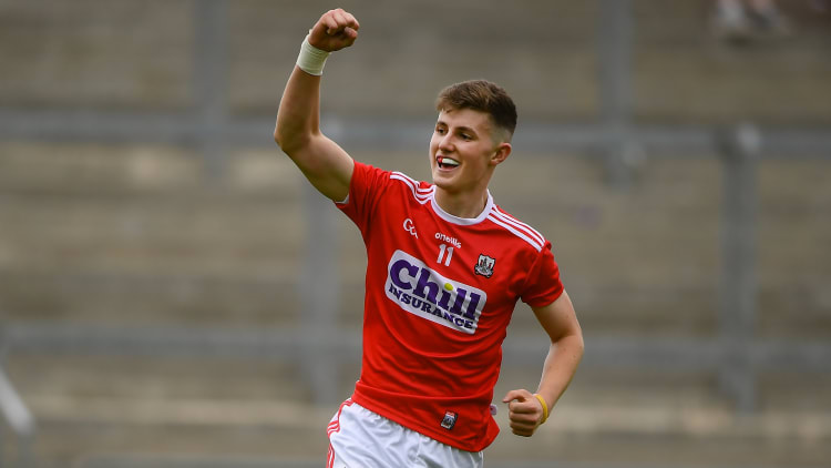 Conor Corbett of Cork celebrates his side's second goal scored by team-mate Patrick Campbell during the Electric Ireland GAA Football All-Ireland Minor Championship Quarter-Final match between Monghan and Cork at Bord Na Mona O'Connor Park in Tullamore, Offaly.