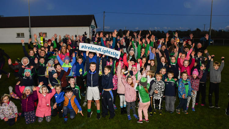Attendees including Uachtarán Chumann Lúthchleas Gael John Horan and Karly Henry, Operation Transformation, at the launch of Ireland Lights Up with the GAA in partnership with RTÉ’s Operation Transformation and Get Ireland Walking at Ballyboughal GAA Healthy Club in Dublin.