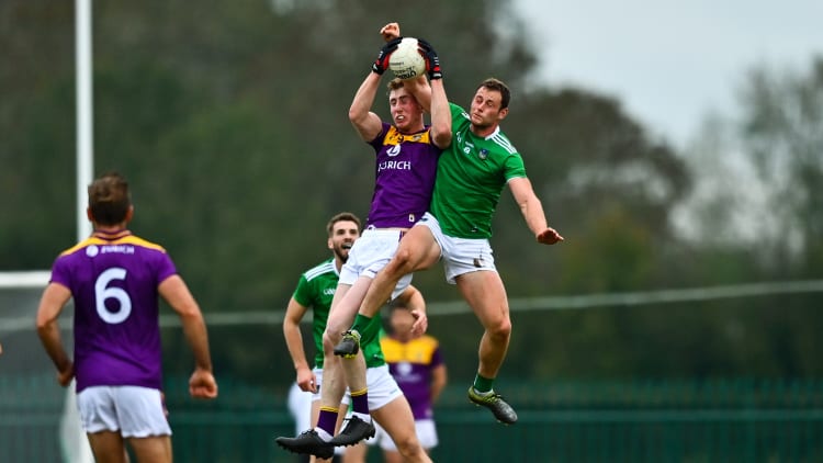 Nick Doyle, Wexford, and Darragh Treacy, Limerick, collide at Rathkeale.