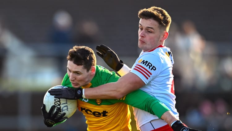 Jamie Brennan, Donegal, and Michael McKernan, Tyrone, in Allianz Football League Division One action at O'Neill's Healy Park. Photo by Ramsey Cardy/Sportsfile