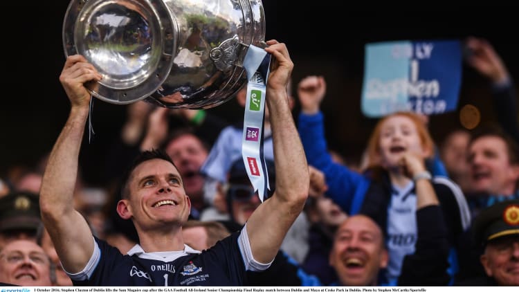 Stephen Cluxton raises the Sam Maguire Cup.