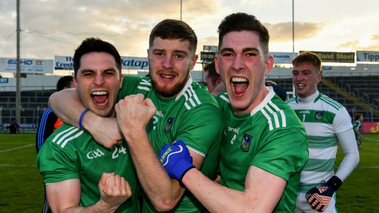 Limerick players Padraig Scanlon, Brian Fanning, and Paul Maher celebrate after the Munster GAA Football Senior Championship quarter-final match between Tipperary and Limerick at Semple Stadium in Thurles, Co. Tipperary.