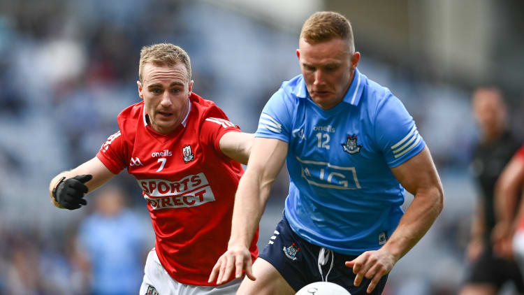 Ciarán Kilkenny, Dublin, and Mattie Taylor, Cork, in All Ireland SFC Quarter-Final action at Croke Park.