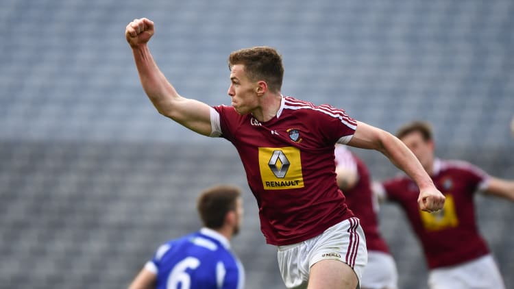 Ger Egan celebrates after scoring the decisive goal in the Allianz Football League Division Three Final.