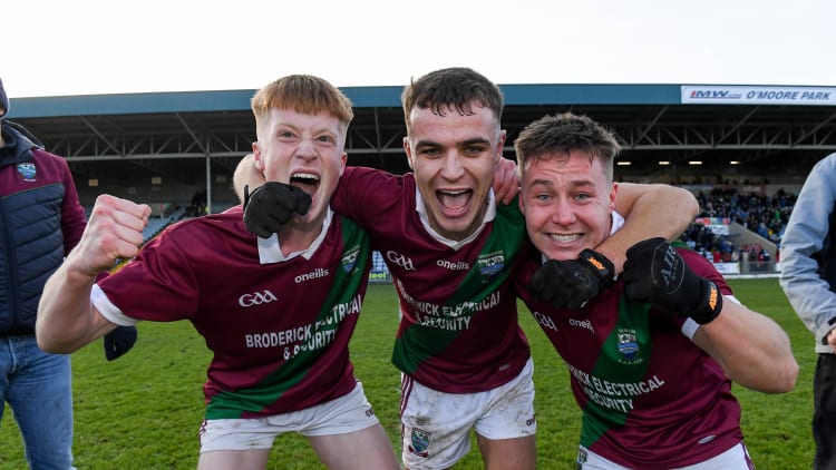 Portarlington's Rioghan Murphy, Ronan Coffey and Jake Foster celebrate at MW Hire O'Moore Park.