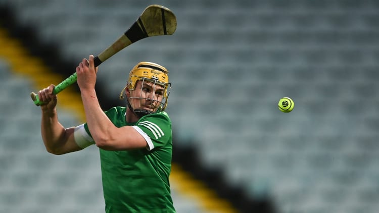 Cathal O’Neill of Limerick scores his side's third goal, from a free in second half injury-time, during the 2022 oneills.com Munster GAA Hurling Under 20 Championship Group 1 Round 1 match between Limerick and Clare at TUS Gaelic Grounds in Limerick.
