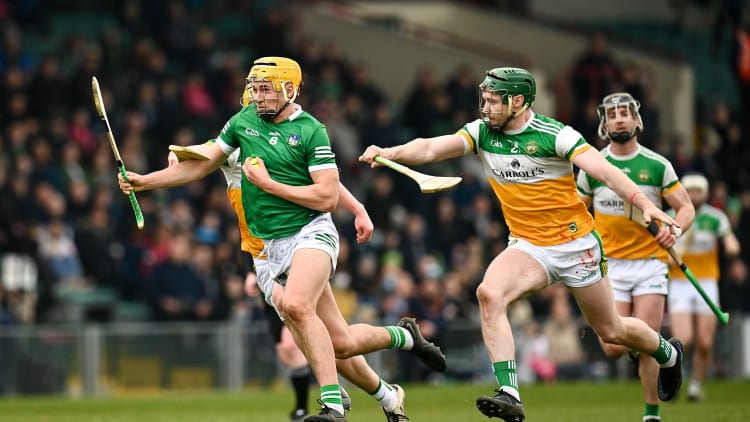 Cathal O’Neill of Limerick in action against Killian Sampson, left, and Eoghan Parlon of Offaly during the Allianz Hurling League Division 1 Group A match between Limerick and Offaly at TUS Gaelic Grounds in Limerick.