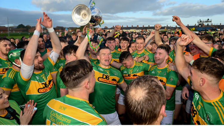 Dunloy players celebrate after the Antrim County Senior Club Hurling Championship Final match between Dunloy and O'Donovan Rossa at Corrigan Park in Belfast.